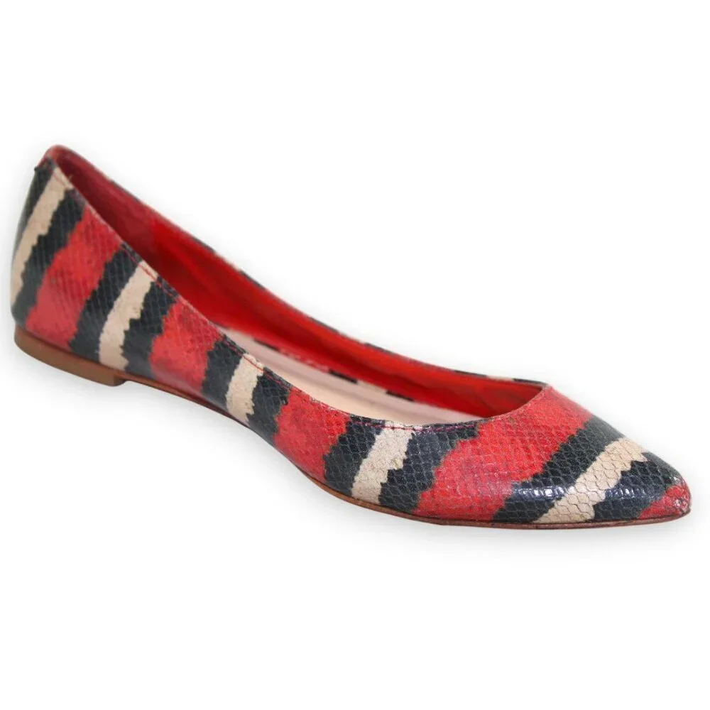 Loeffler Randall Statement Striped Pointed Toe Flats Red Black White Size 6